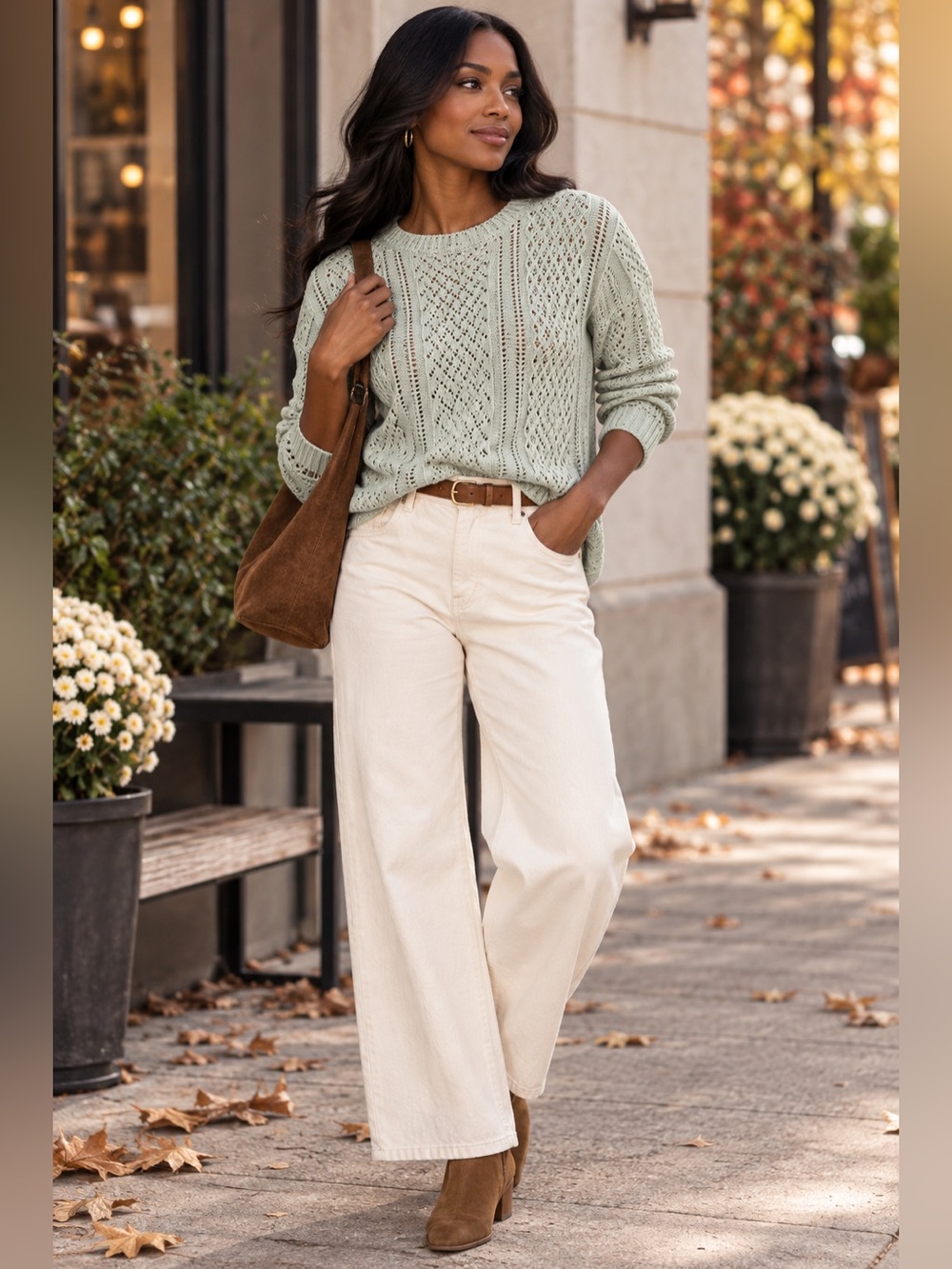 Atelier Nicole Miller Sage Green Open Knit Cotton Sweater Size Small